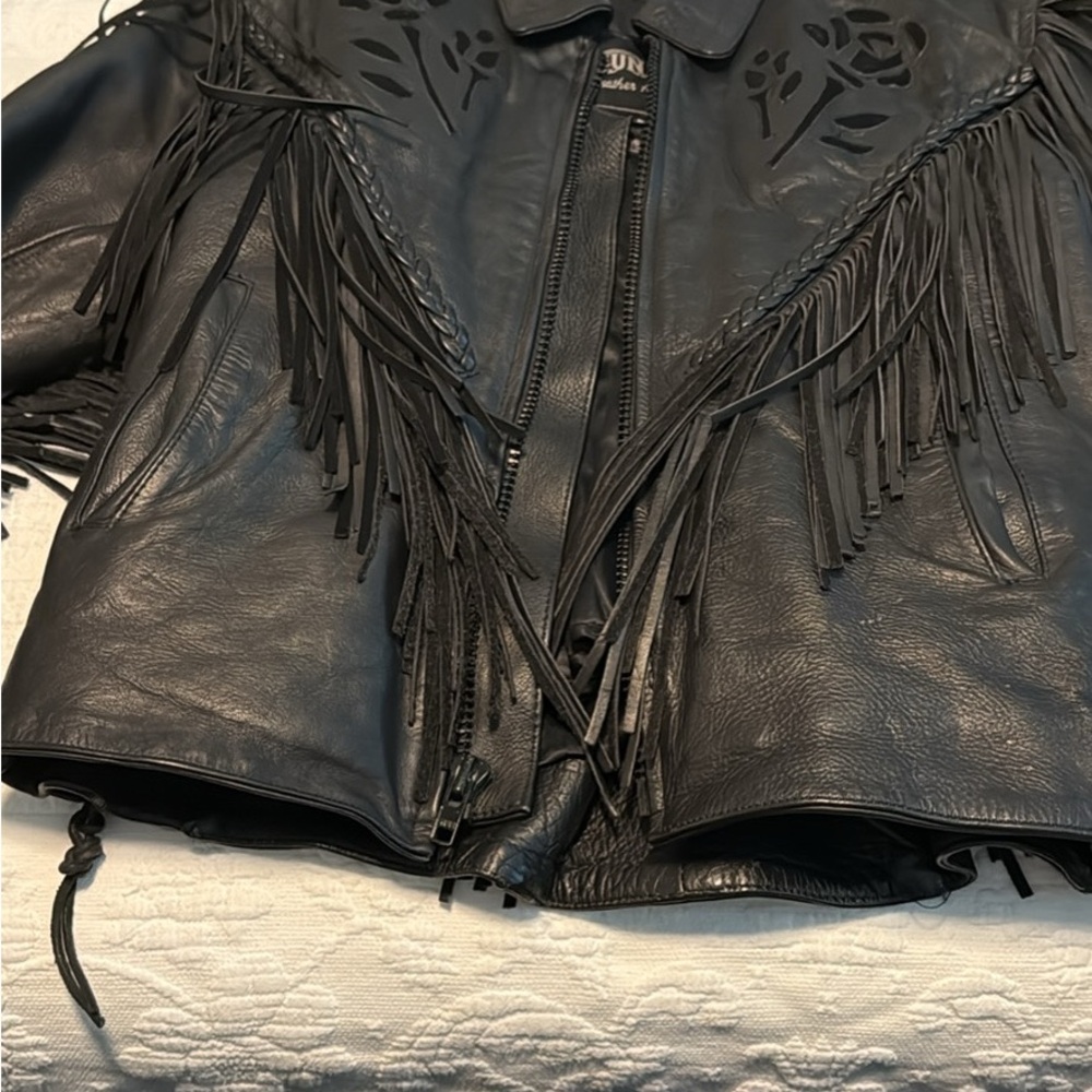 Unik Black Leather Jacket with Fringe and Cutout Design